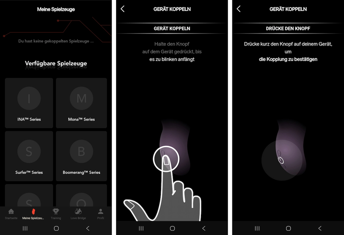 Drei Screenshots der Lelo-App mit den einzelnen Schritten zur Kopplung des Lelo Sona 3 Cruise