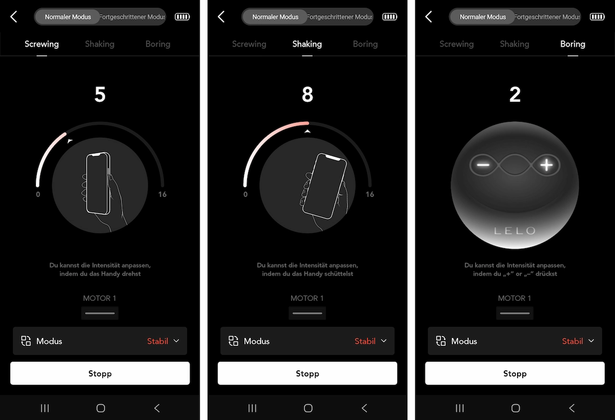 Screenshots der Lelo-App mit drei verschiedenen Steuerungsmodi