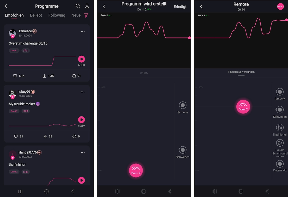 Drei Screenshots der Lovense-App mit Bibliothek, Programm-Editor und Echtzeitsteuerung