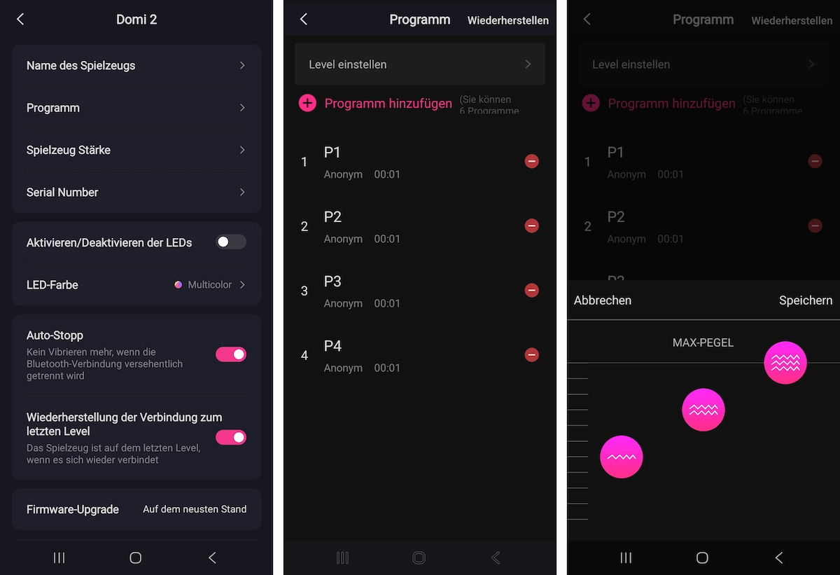 Drei Screenshots der Lovense-App: Bearbeiten der auf dem Gerät gespeicherten Modi.