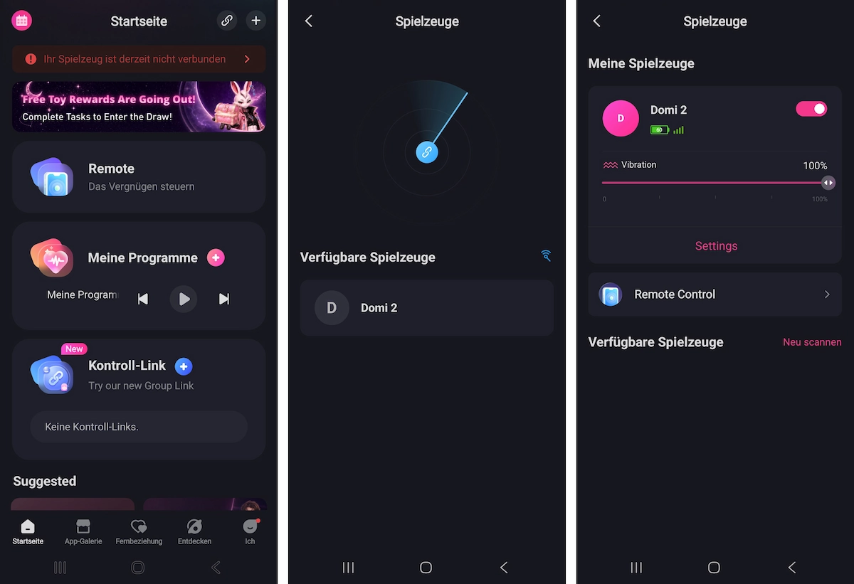 Screenshots der Lovense Remote App beim Verbinden des Domi 2