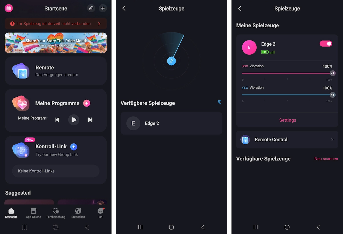 Screenshots der Lovense Remote App während der Kopplung des Lovense Edge 2
