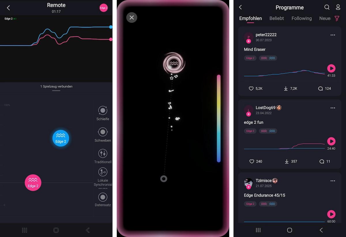 Screenshots der Lovense-App mit Vibrationsprogrammen und Echtzeitsteuerung