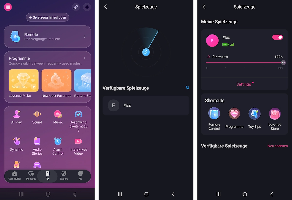 Screenshots aus der Lovense Remote App während der Ersteinrichtung des Lovense Fizz