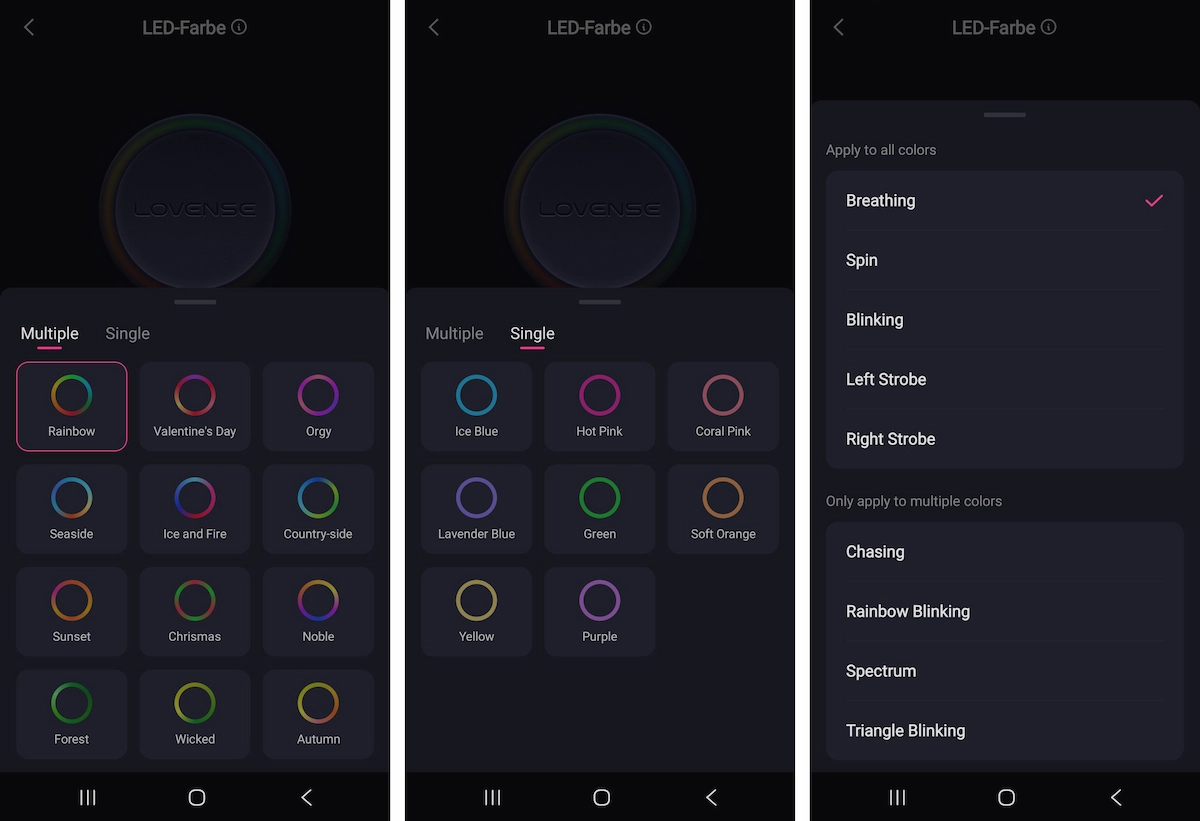 LED-Einstellungen des Lovense Fizz in der Lovense Remote App